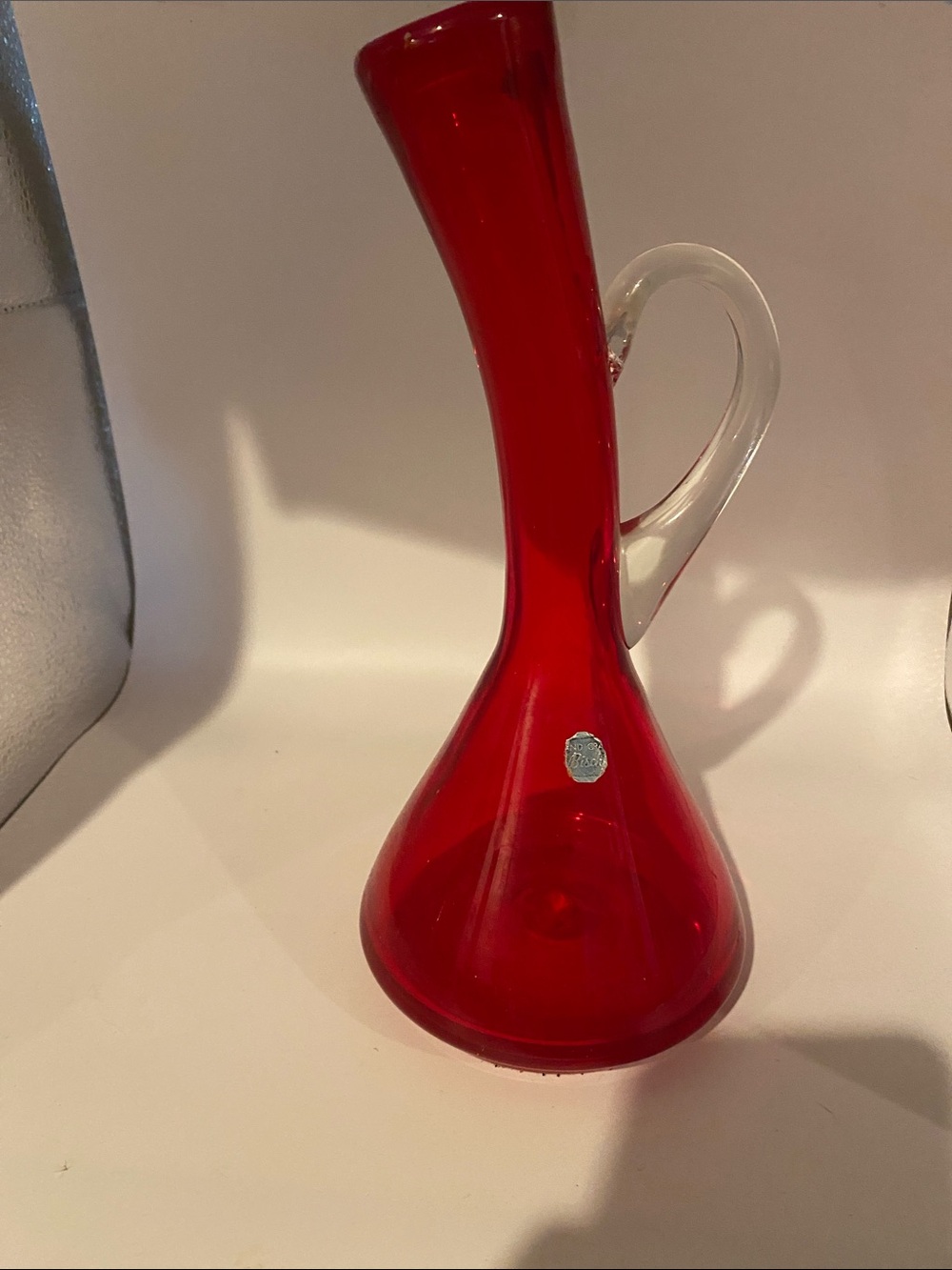 Vintage Handblown Red Glass Bud Vase with Clear Handle Blinko Glass